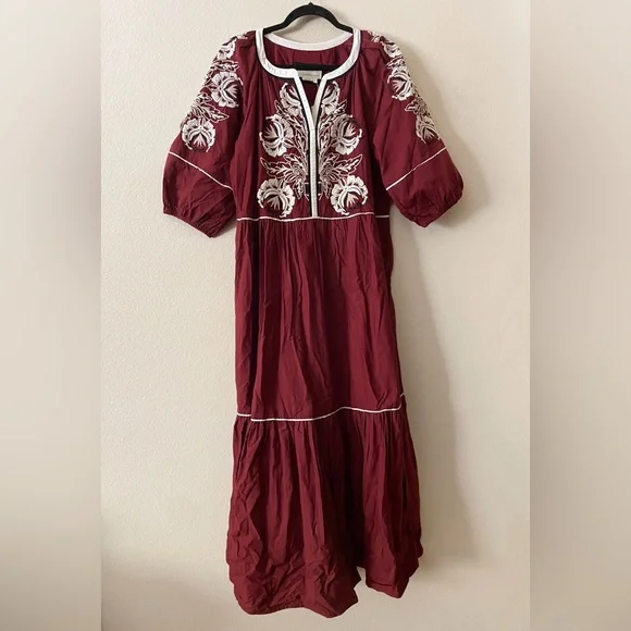 Anthropologie Burgundy Embroidered Midi Dress - Picture 2 of 9